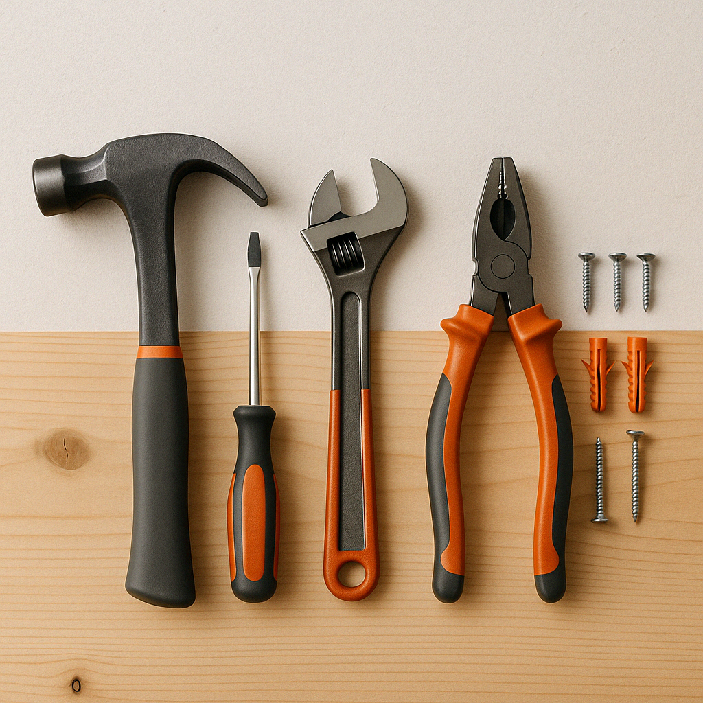 Overhead view of general handyman repair tools arranged on a wooden workbench, including a claw hammer, wrench, screwdriver, pliers, wall anchors, and screws, with iWill Handyman brand color accents.